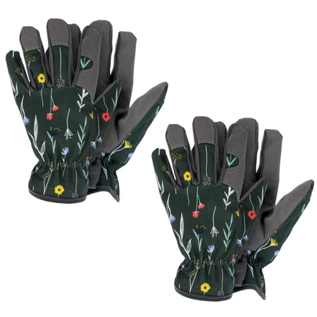 BIGTREE Gardening Gloves Fingertip Grips Lawn Yard Garden Work Gloves Floral Pattern Green, 2 Pairs
