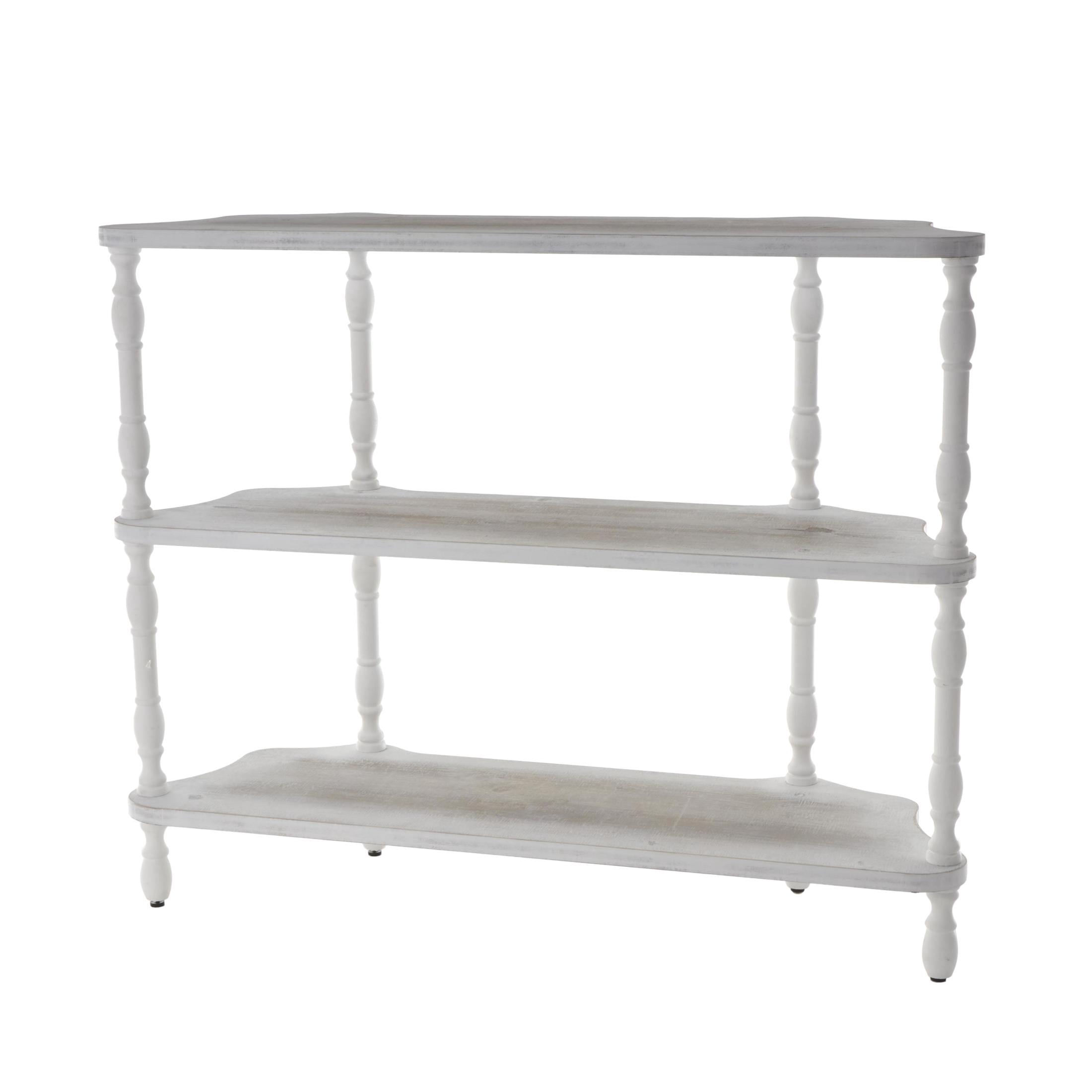 DecMode 47" x 38" White Wooden Washed 3-Tier Shelving Unit with Turned Legs and Wavy Corners, 1-Piece