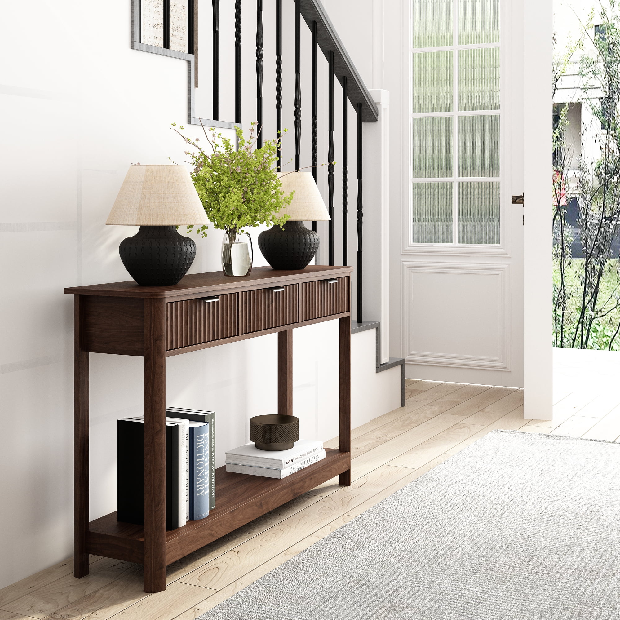 47" Console Table with 3 Drawers,Fluted Sofa Table, Entryway Table with Storage Shelf for Living room,Hallway and Bedroom,Brown