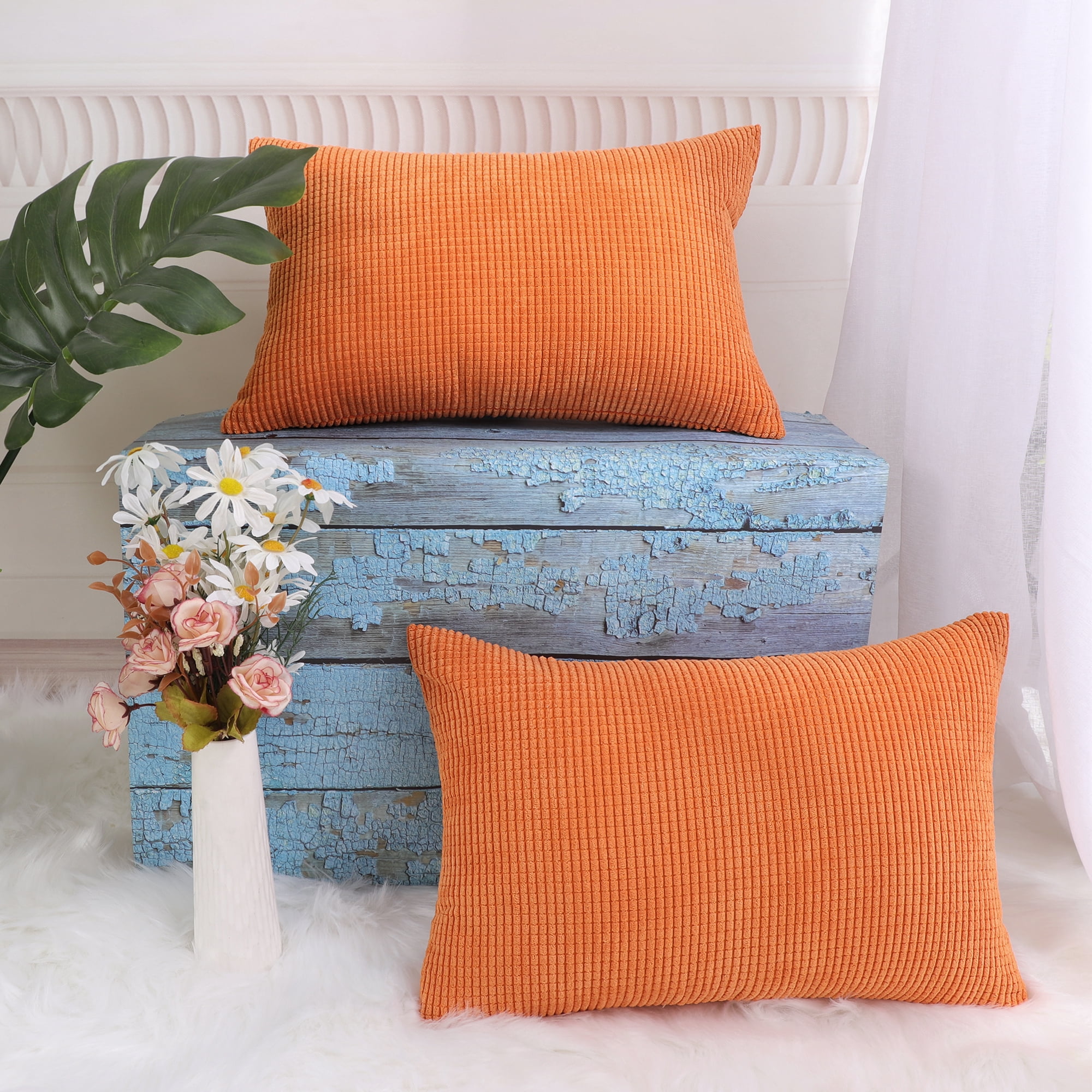 Unique Bargains 2-Pack Corduroy Decorative Throw Pillow Covers Orange 12" x 18"