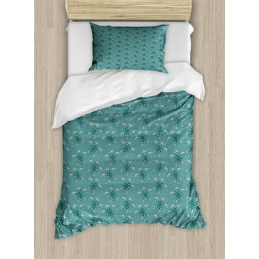 Turtle Duvet Cover Set Twin Size, Illustration of Floating Animals on a Floral Patterned Background, Decorative 2 Piece Bedding Set with 1 Pillow Sham, Slate Blue Teal and Ivory, by Ambesonne