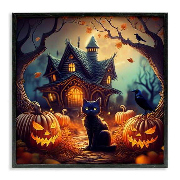 Stupell Industries Haunted House & Black Cat Holiday Painting Black Framed Art Print Wall Art, 12 x 12