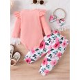 thumbnail image 3 of Infant Baby Girl Fall Outfits Floral Lace Rib Knit Long Sleeve Rompers Flower Print Flare Pants Headband Set, 3 of 9