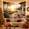 thumbnail image 3 of Sunset Over Ocean with Tropical Plants and Sailboat on a Stone Patio, Romantic Coastal for Beach Lovers, Luxury Villa Art, Housewarming Gift, Tapestry Wall Hanging for Bedroom and Living Room, 3 of 7