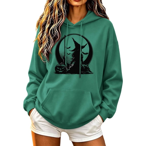 Staron Halloween Hoodies for Women Witch Pumpkin Moon Gothic Print Pullover Tops Long Sleeve Crewneck Casual Sweatshirt Tops, Army Green M