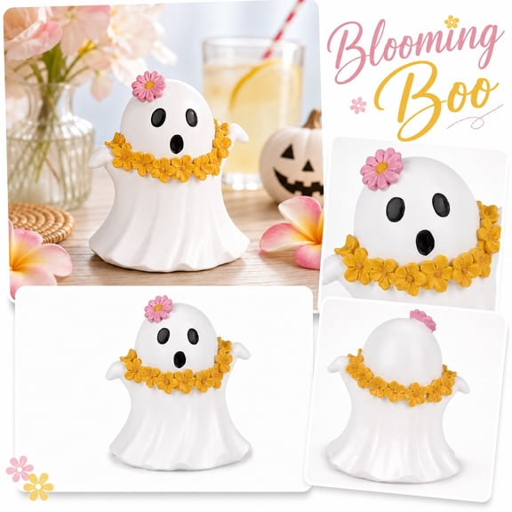 6" Halloween Ghost Figurine with Flower Garland - Cute Ghost Statue, Ghost Halloween Decor Home Decoration Cute Tabletop Tiered Tray Decor for Home Thanksgiving Autumn Table Decor