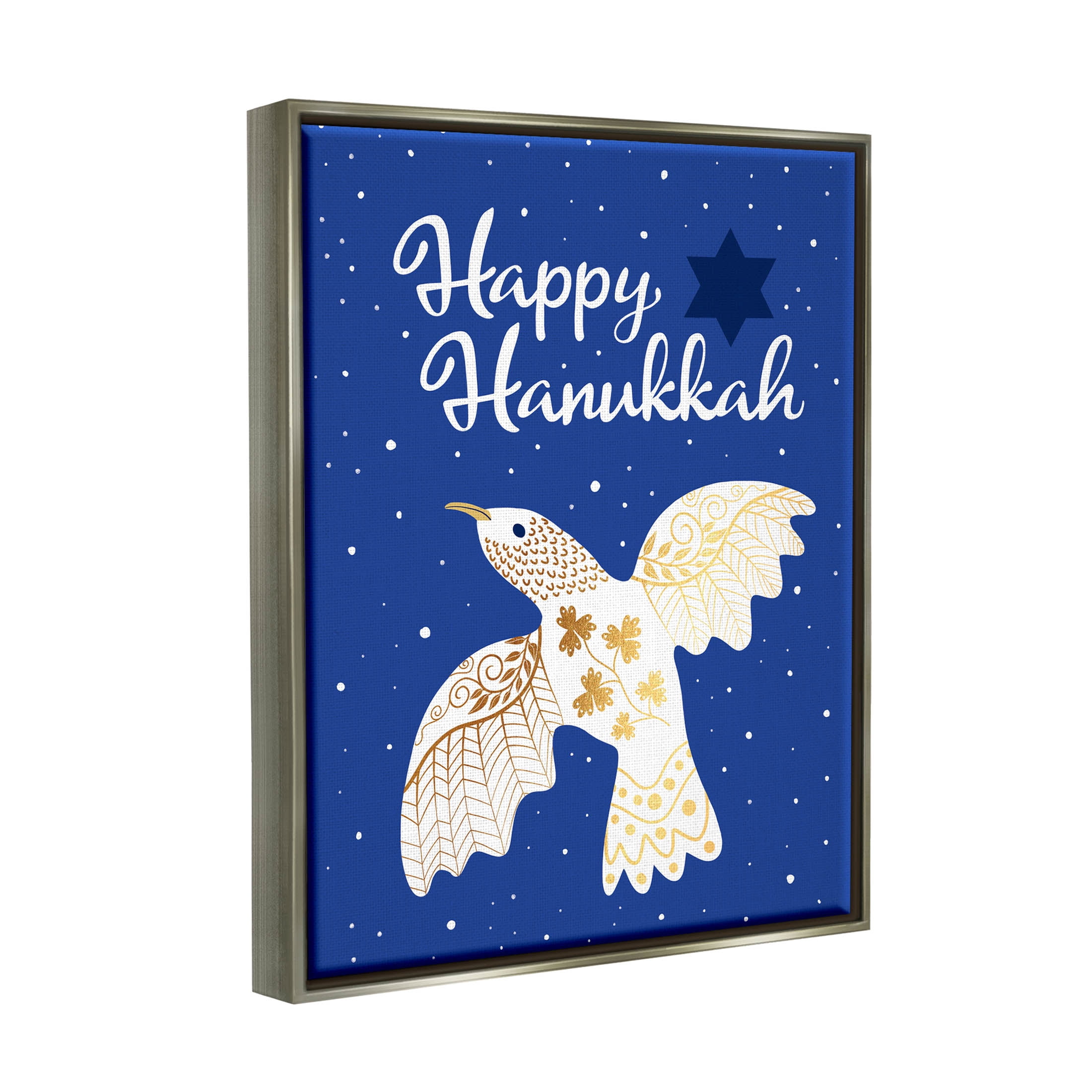 Happy Hanukkah Patterned Dove Holiday Graphic Art Luster Gray Framed Art Print Wall Art