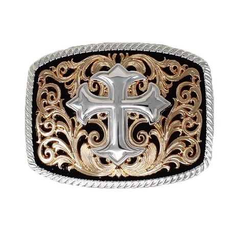 Challenger 2" Western Two-Tone Cross Floral Engraved Belt Buckle 2812