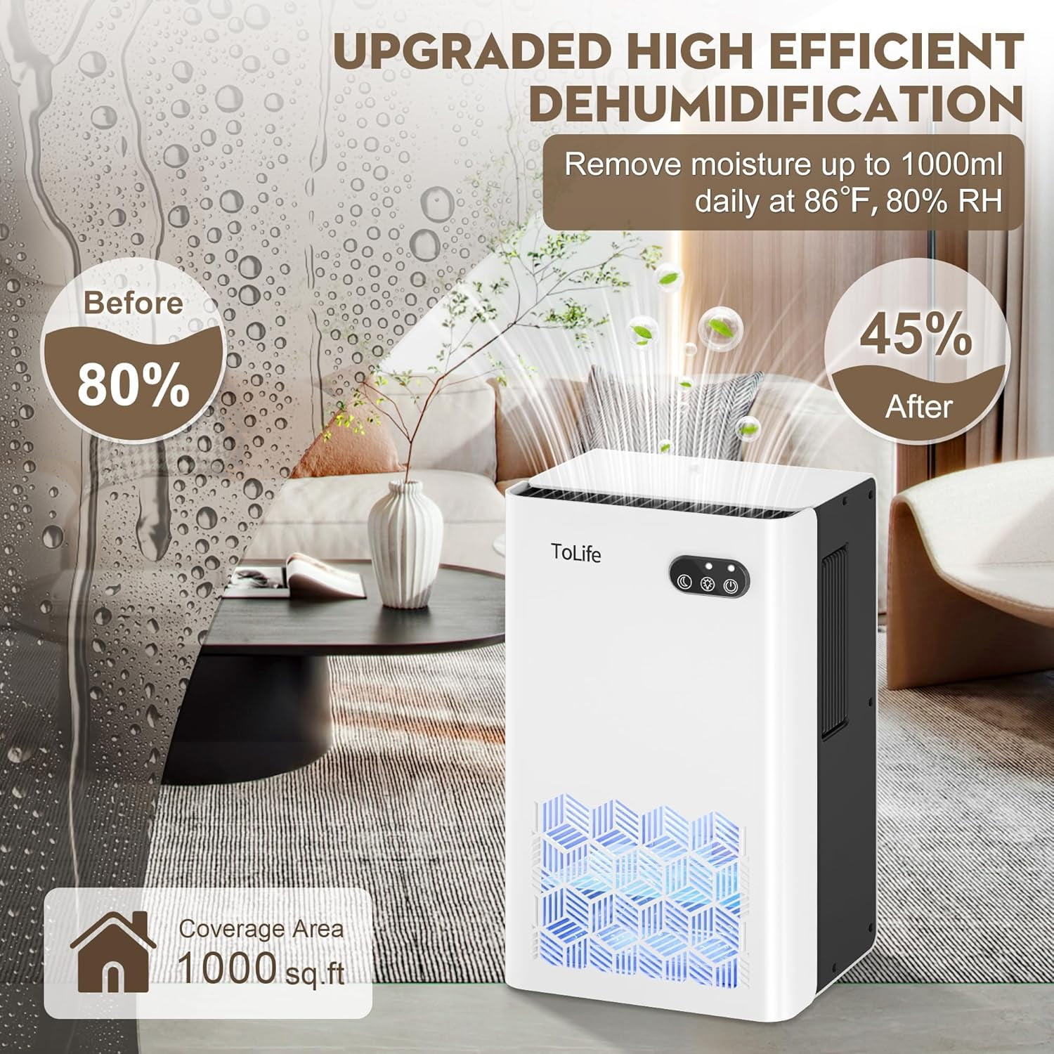 Dehumidifier for Home, 1000 sq.ft Basement Bedroom Bathroom with 95 OZ , Auto Shut Off, 7 LED Lights