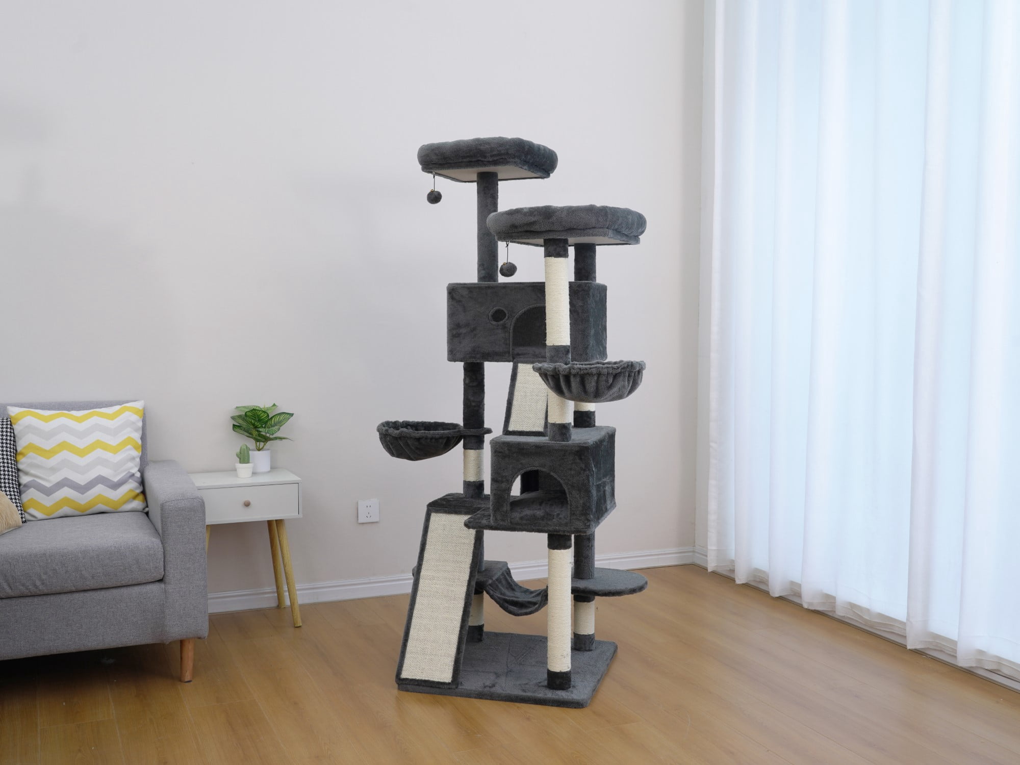 Vibrant Life Heavy Duty 8-Level 66" Cat Tree with Two Condos, Scratching Ramps, and Hammocks, Dark Gray