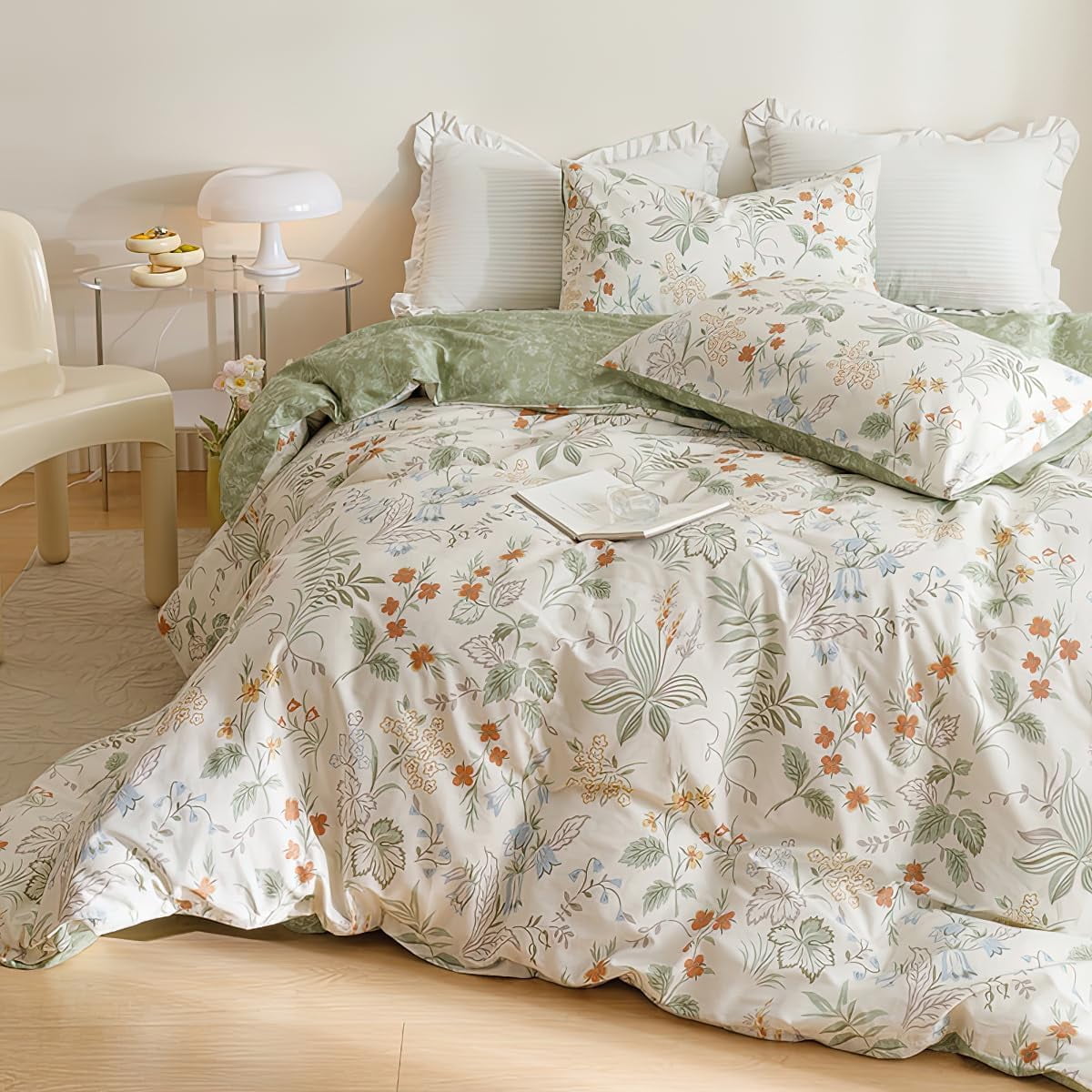 NAYOROOM Green Leaves Duvet Cover King, 3 Pieces Chic Garden Style Botanical Floral Reversible Bedding Sets for Adults