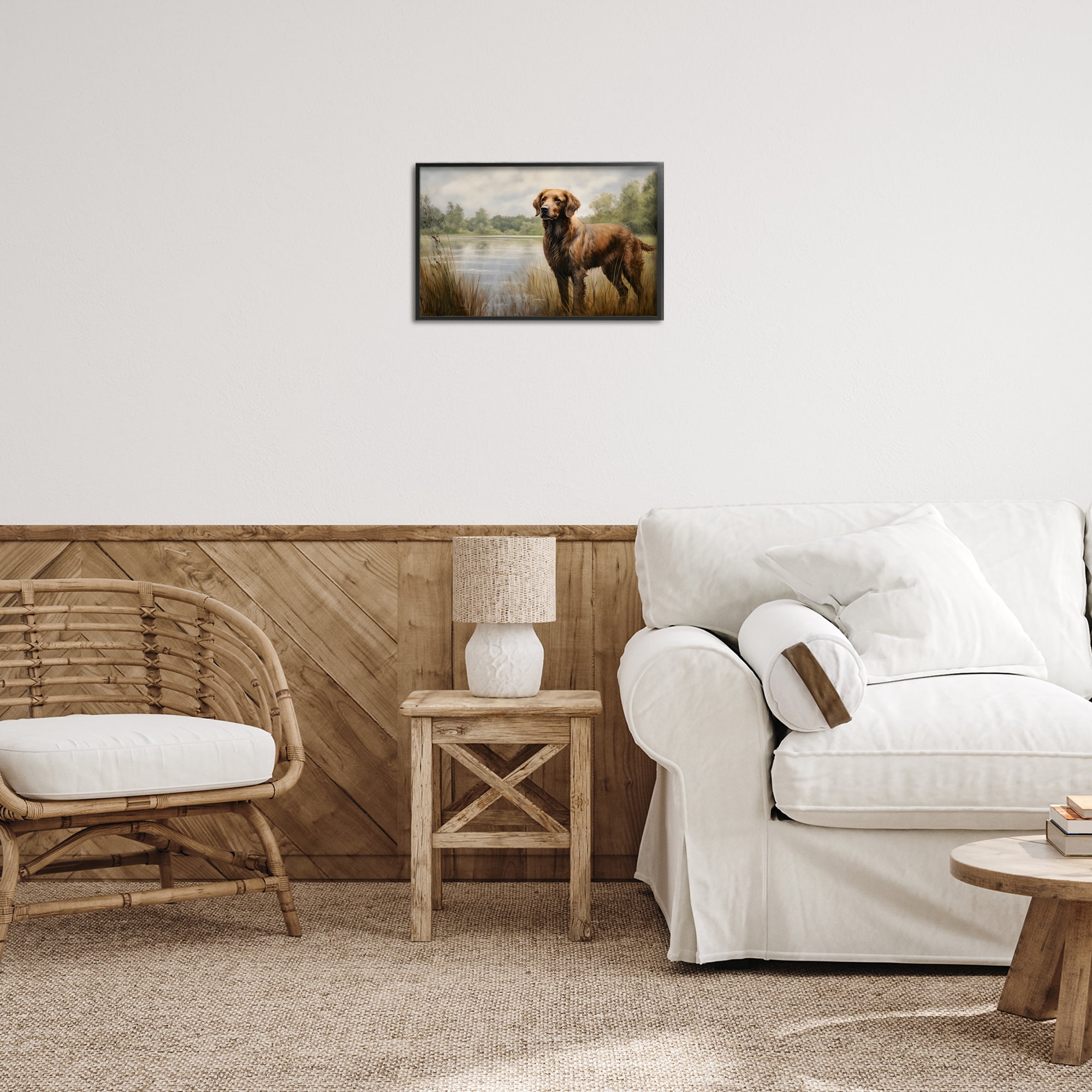Stupell Industries Retriever Dog & Pond Landscape Painting Black Framed Art Print Wall Art, 18 x 12