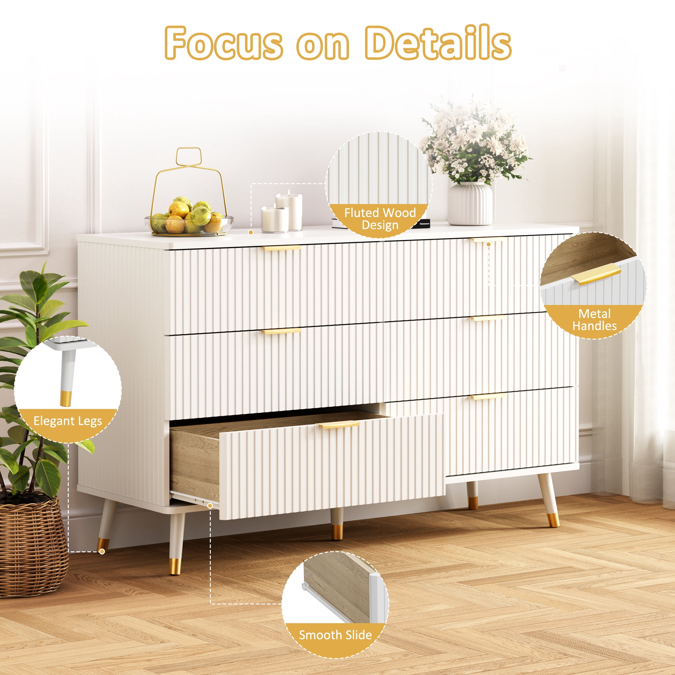 YouTrend 6 Drawer Dresser with Metal Handles Modern Fluted Wood Dresser Adult Storage Chest of Drawers for Bedroom Living Room Hallway,White