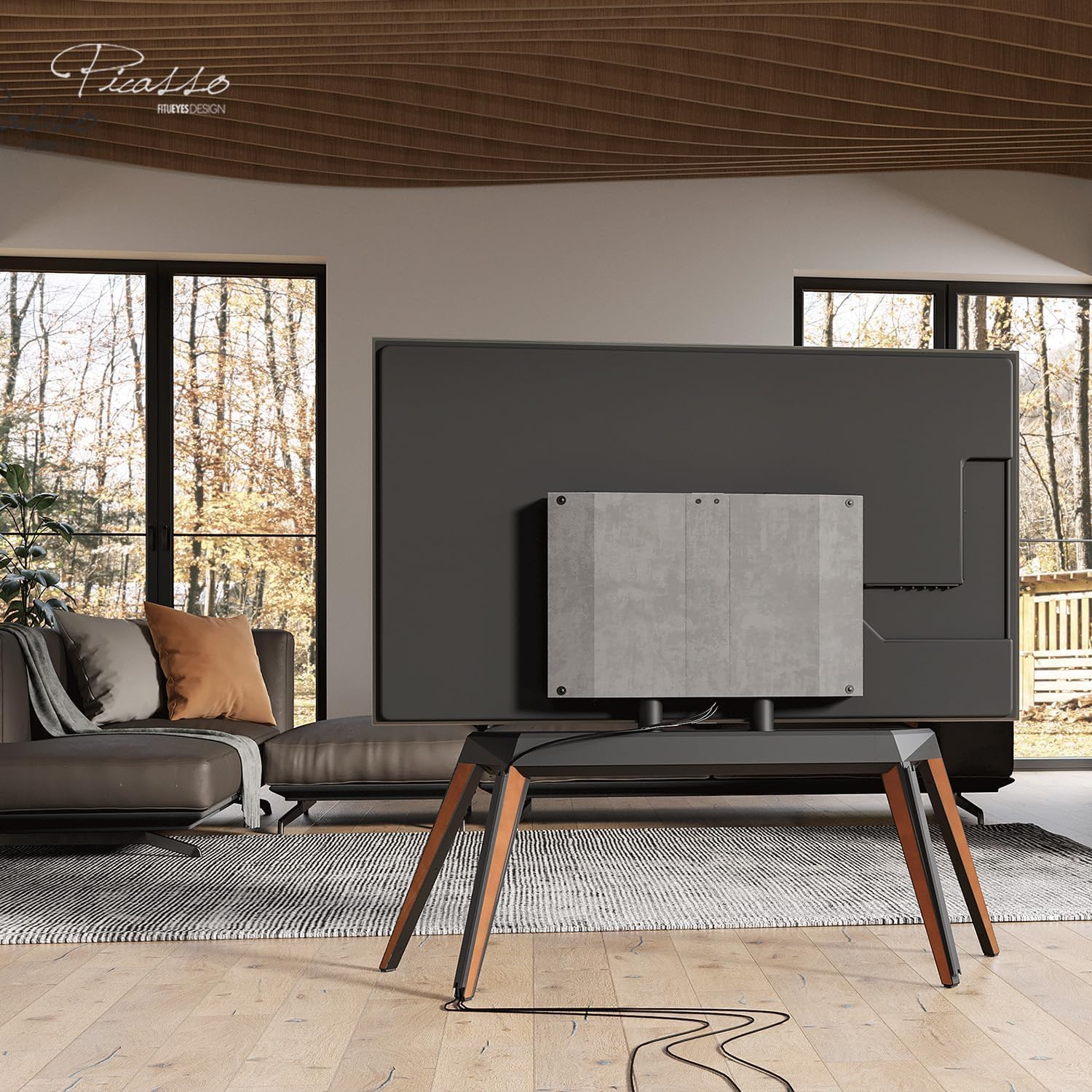 FITUEYES Picasso Series Floor TV Stand for 65–88 Inch TVs, Black & Walnut, Cable Management