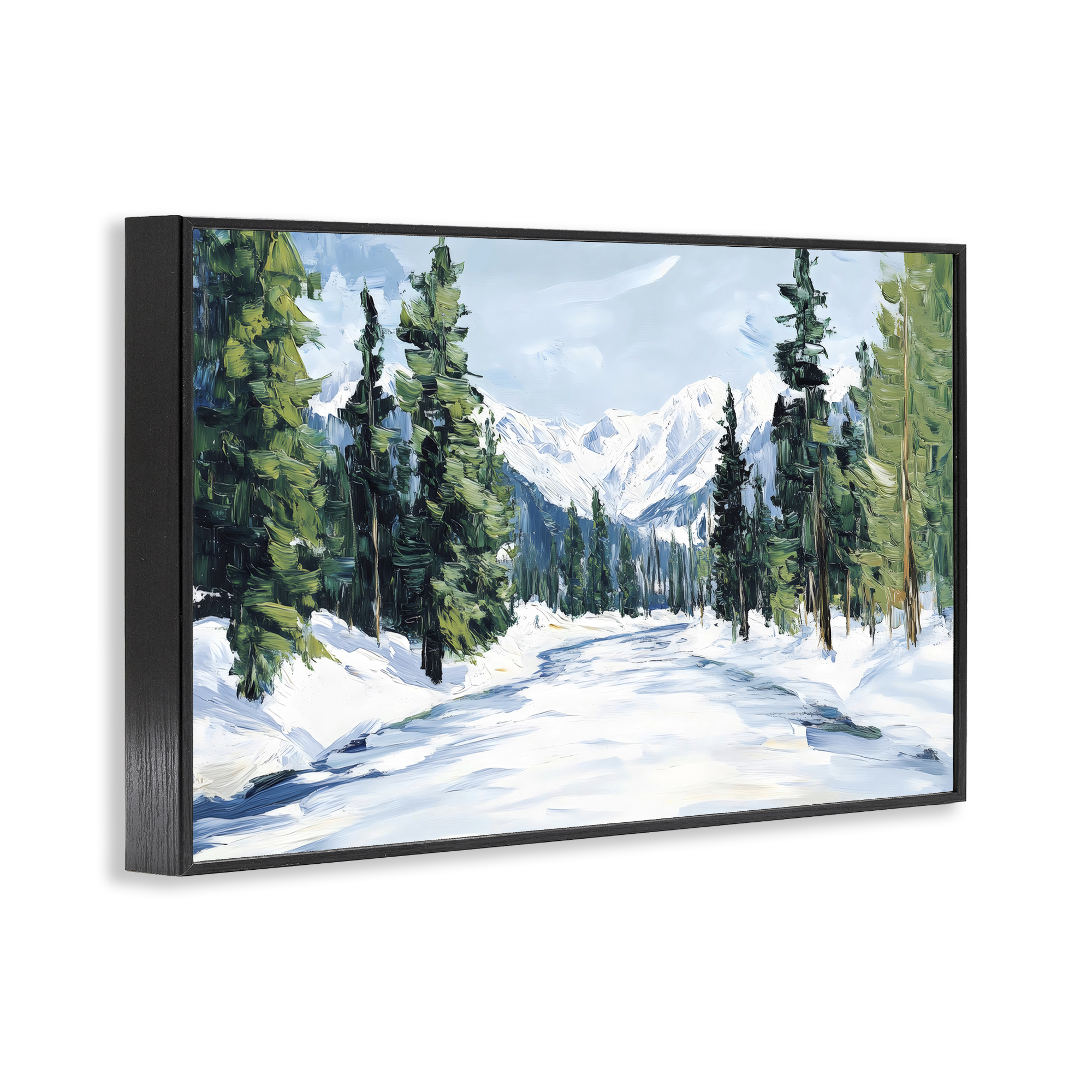 Snowy Tall Tree Pass Black Framed Giclee Art, design by Petal Prints Design