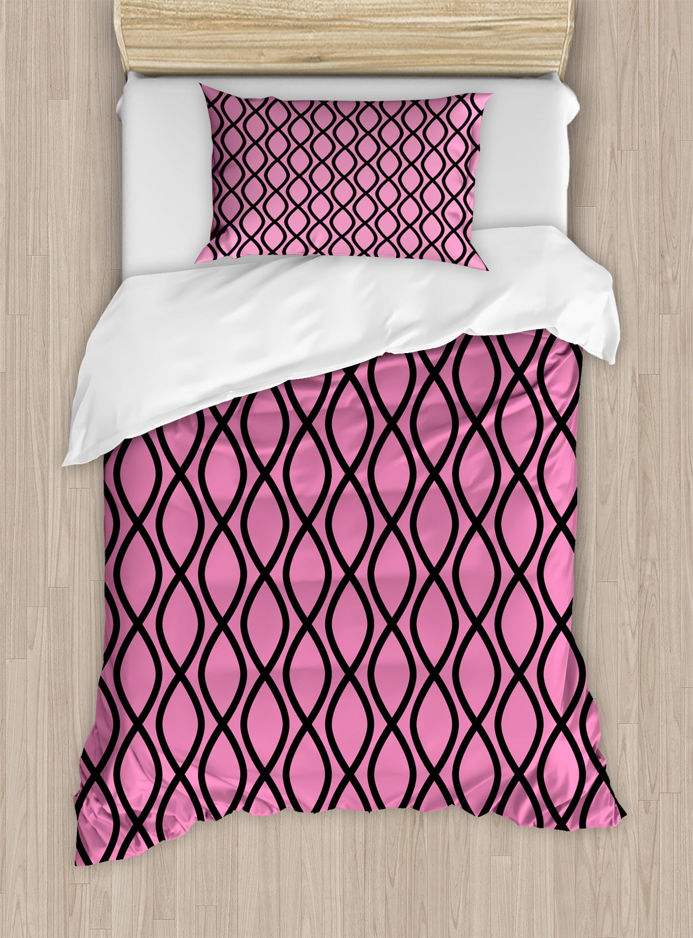 Hot Pink Duvet Cover Set Vertical Wavy Lines Tangled Stripes Curves Girlish Feminine Design Cute Modern Decorative Bedding With Pillow Shams