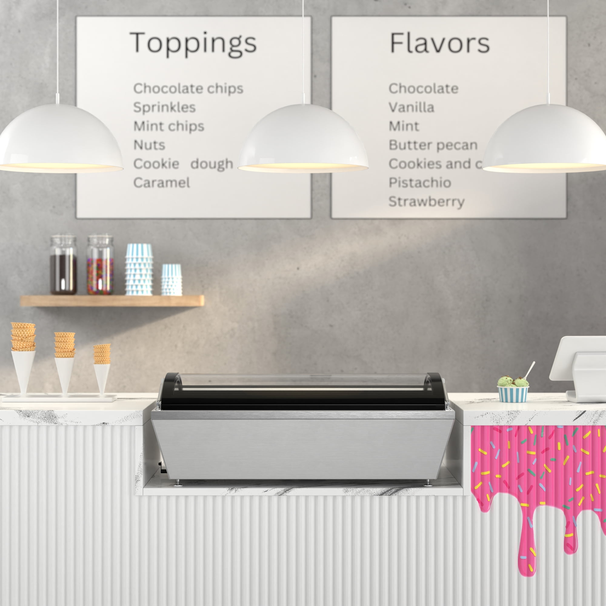 39 in. Countertop Ice Cream Display Freezer with Curved Glass Top and 5 Pans