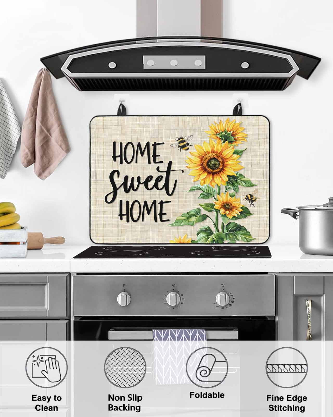 nqOlkjepod Large Induction Cooktop Protector Mat 24"x21", Spring Sunflowers Stove Top Covers for Electric Stove, Bee Beige Farm Country Rustic Stove Burner Cover Mats, Glass Top Stove Cover