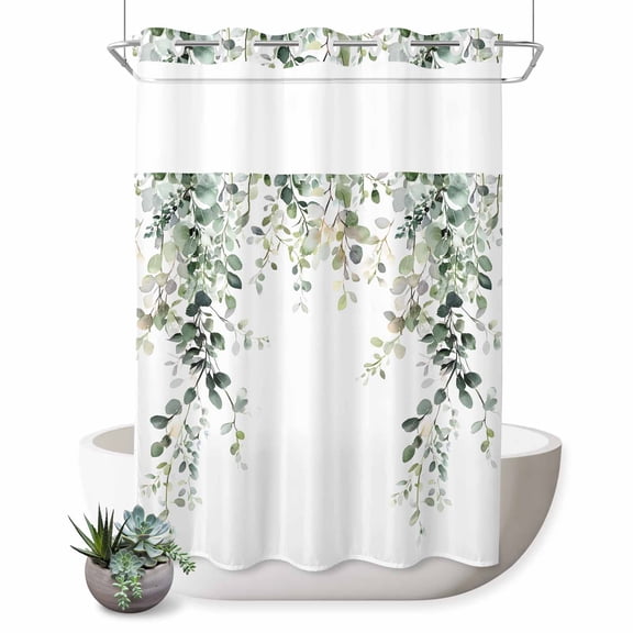 No Hook Shower Curtain, Eucalyptus Leaves Shower Curtains for Bathroom with See Through Top Window, Spring Sage Green Summer Botanical Waterproof & Washable Bath Curtain 60"x72"
