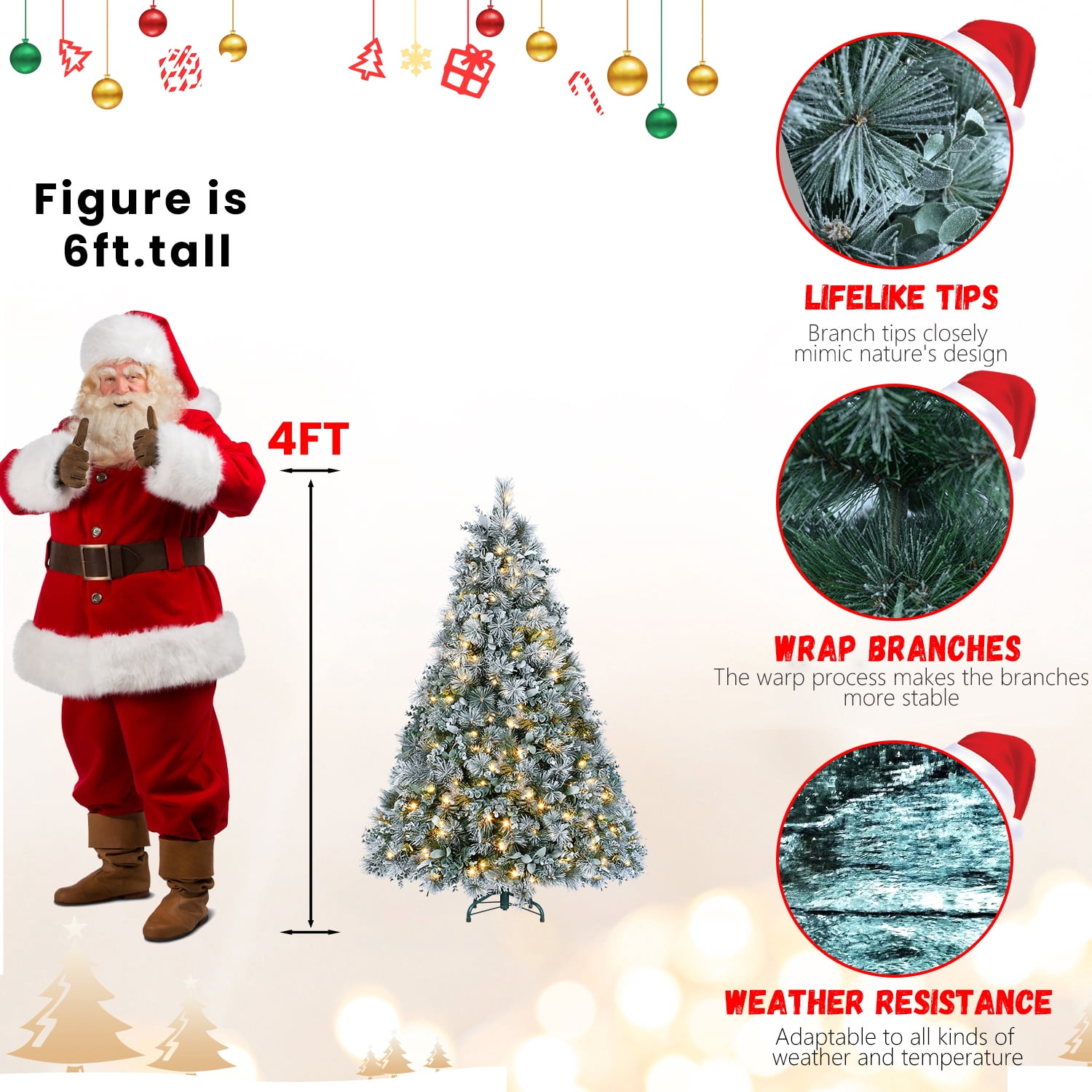 4ft Prelit Flocked Christmas Tree with Eucalyptus Leaves 404 Tips 150 LED Lights Metal Stand Indoor Decor
