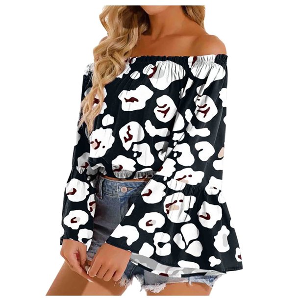 Camiseta holgada estampada a la moda para mujer, blusa de manga larga, Tops informales con hombros descubiertos Pompotops FGAJ20070