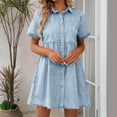 thumbnail image 7 of Women's Denim Mini Dress Casual Short Sleeve Lapel Button Dress High Waisted A-Line Short Dresses, 7 of 7