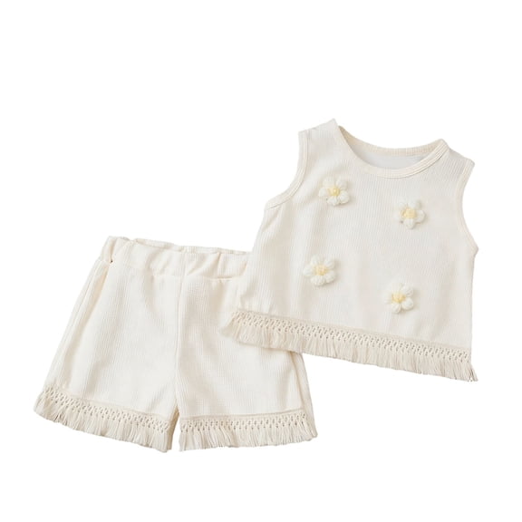QNANSPI Girls Clothes, Kids Shorts Sets Fashion, Toddler Girls 2-8 Years Summer Crew Neck Sleeveless Ruffle Tank Top and Shorts Kids 2 Piece Clothing Outfit