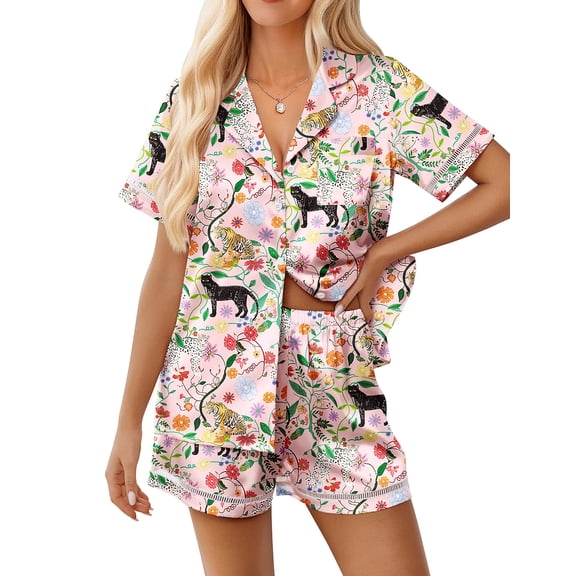 Ekouaer Womens Silk Pajama Sets Button Up Satin Pjs Short Sleeve 2 Piece Pj Sets Cute Lounge Sets with Chest Pocket