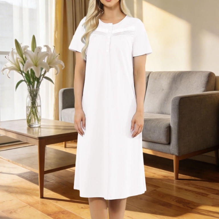 Tawop Cotton House Dresses for Women Short Sleeve Henley Lace Detail Loose Midi Sleep Nightgown Button Adjust Necklace