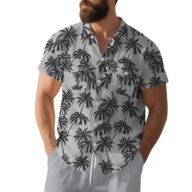 Mens Casual Manga Corta Botón Abajo Camisas con Estampado Floral Cuello Turndown, Camisas de Playa de Poliéster para el Uso Al Aire Libre de Verano
