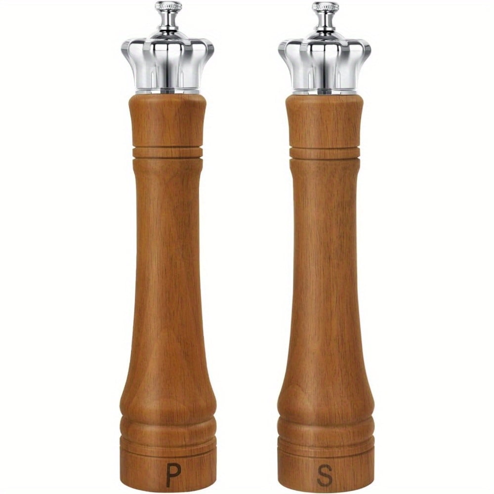 2 Pack-10 Inch Wood Salt and Pepper Grinder Set, Salt and Pepper Mill Set, Elegant Spice Shaker with Crown Lid, Kitchen Table Decor Adjustable Ceramic Core