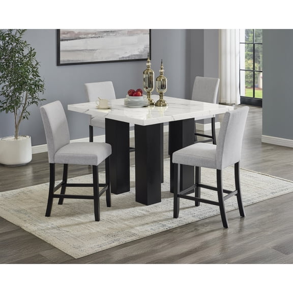 Miekor Furniture 5pc Dining Table Set Counter Height Square Faux Marble Table Top Light Gray Fabric Upholstered Chair Dining Room Wooden Furniture Solid Wood 57594