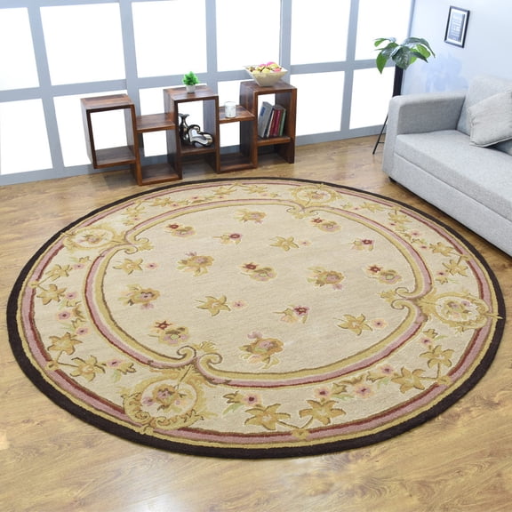 Rugsotic Carpets Hand Tufted Wool Eco-Friendly 8'x8' Round Cream Oriental High Pile Thick Handmade Anti Skid Indoor Area Rug K00S08