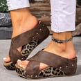 thumbnail image 4 of Rokment Leopard Platform Wedge Sandals for Women Fashion Casual Studded Cross-Band Leather Open Toe Backless Slip on Chunky High Heels Dress Slides Beach Summer Comfortable Brown Size 8.5, 4 of 7