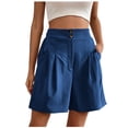thumbnail image 3 of ClodeEU Women's High Waisted Pleated Shorts,Casual Button Fly Loose Fit Wide Leg Shorts with Pockets Blue,Women's Plus L, 3 of 7