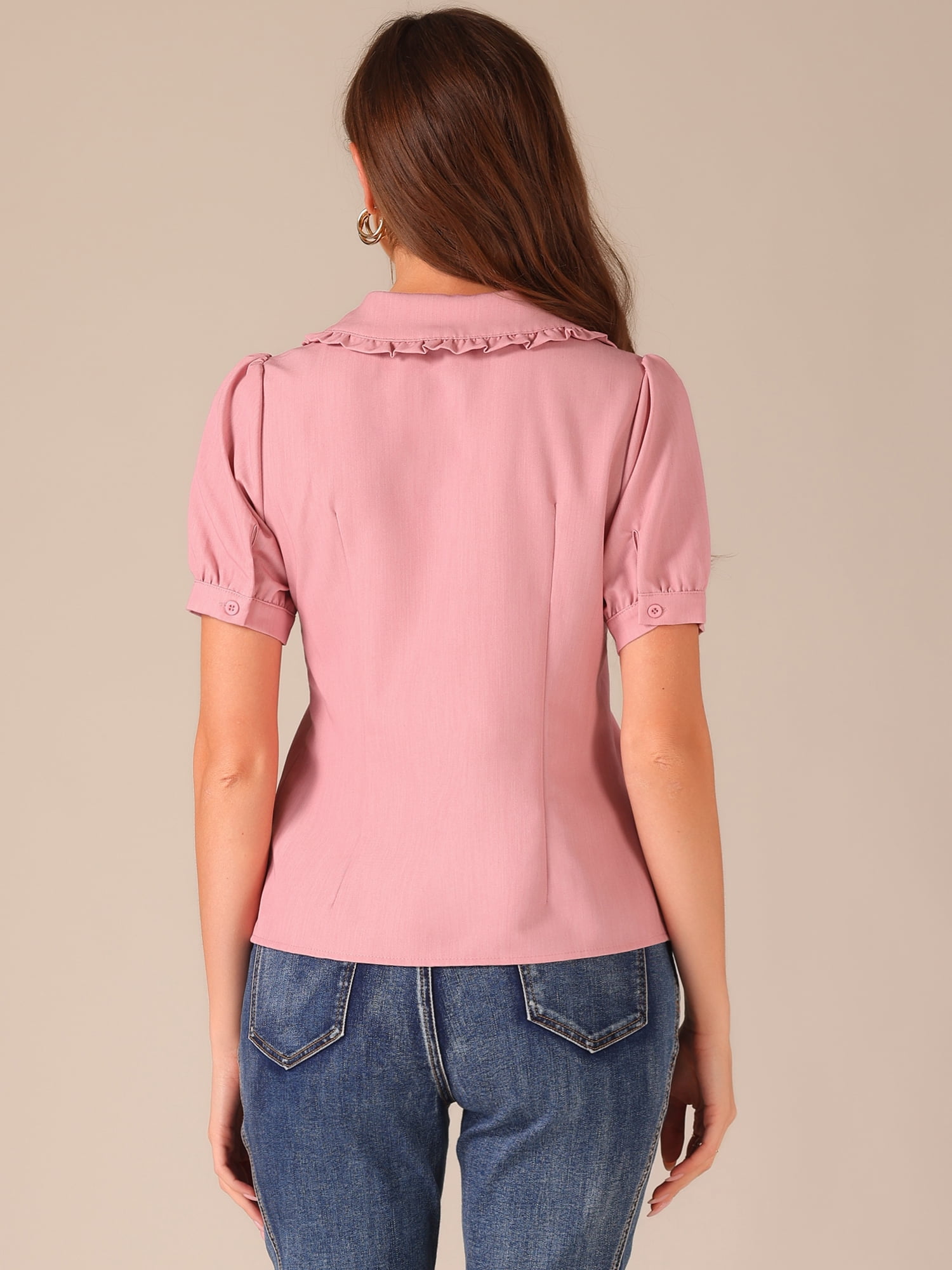 DARING DIVA Women's Peter Pan Collar Puff Short Sleeve Button Chambray Shirt S Pink