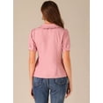 thumbnail image 3 of DARING DIVA Women's Peter Pan Collar Puff Short Sleeve Button Chambray Shirt S Pink, 3 of 6