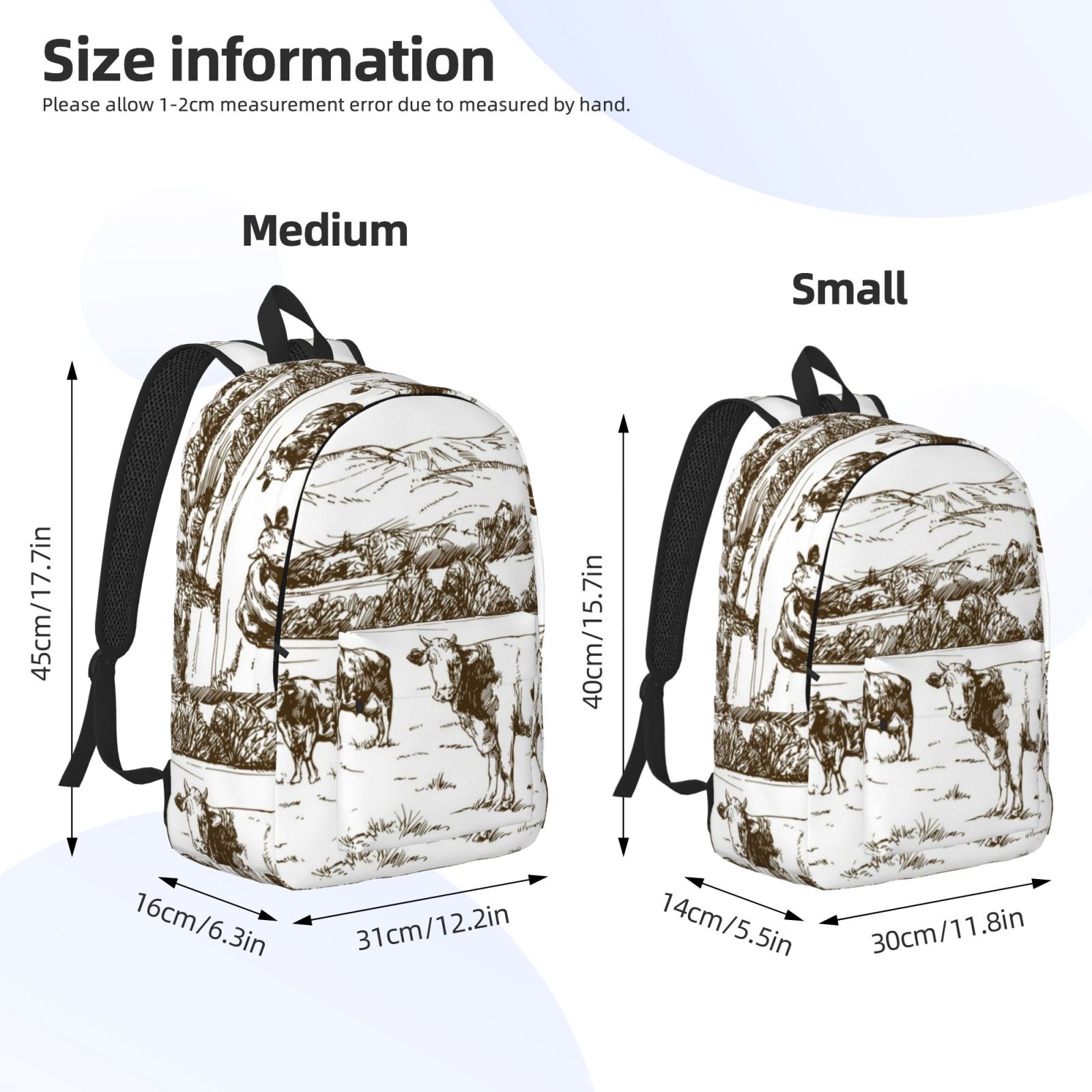 Picia Cows Grazing On The Meadow 2 Printed Canvas Daypack - Stylish and Durable Vintage Compact Backpack - Class, Work, Travel, or Laptop Bookbag,Organized Compartments-Medium