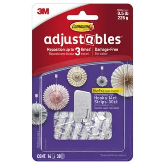 Command 17830CLR-14ES Adjustables Hooks & Strips, Clear, Repositionable, 14 Hooks, 30 Strips - Quantity 4