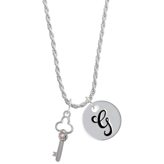 Delight Jewelry Silvertone Trefoil Key with AB Crystals Silvertone Script Initial Disc - G - Charm Necklace, 20"+3"