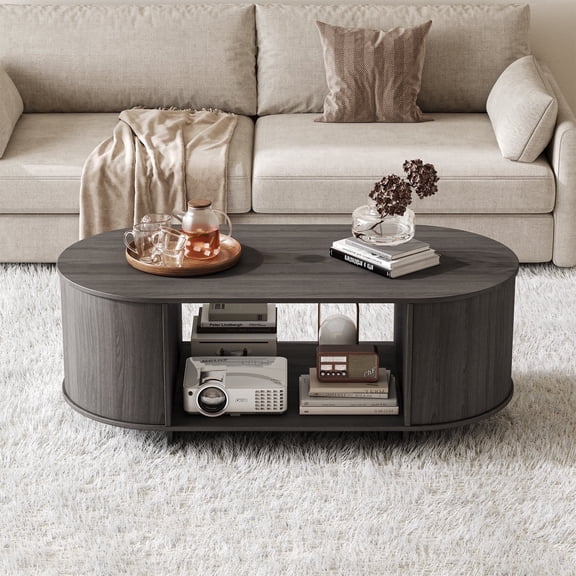 Modern Oval Coffee Table with Storage,Round Coffee Table for Living Room,Low Farmhouse Rustic Wood Center Tables for Living Room, Bedroom, Home Office, Grey