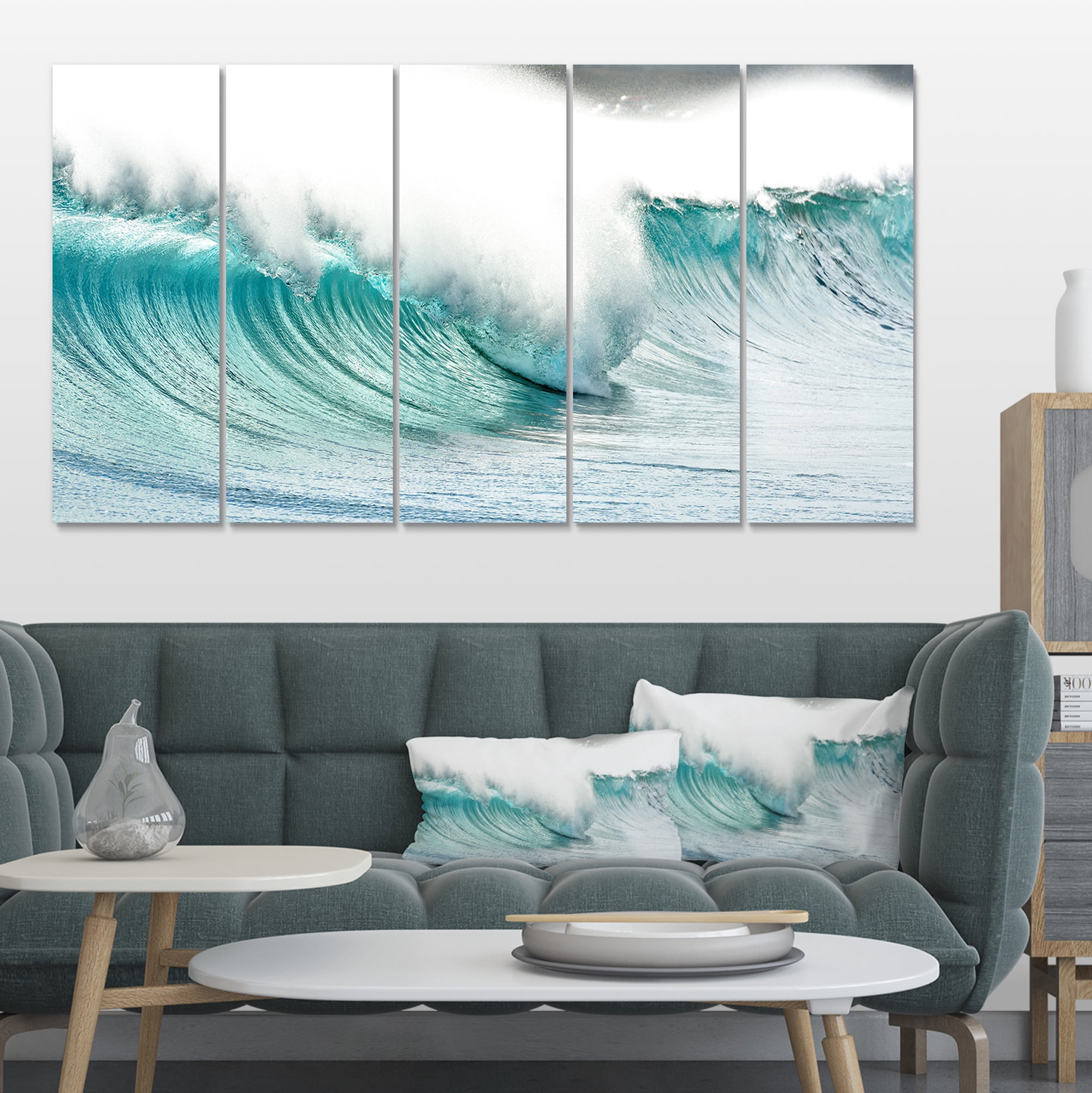 Designart 'Massive Blue Waves Breaking Beach ' Seashore Canvas Art Print
