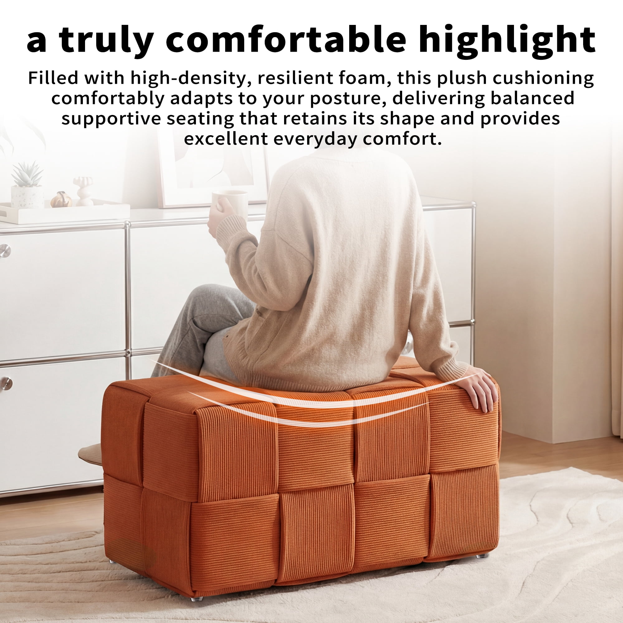Corduroy Ottoman Foot Rest, Square Upholstered Stool with High-Density Foam and Wood Frame, 300 Lbs Capacity, Multi-Purpose Footstool for Living Room Bedroom Nursery, Brown