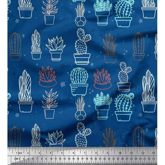 Soimoi Cotton Duck Fabric Cactus Tree Printed Fabric 1 Yard 42 Inch Wide