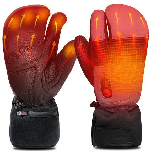 SAVIOR HEAT Heated Ski Mittens suitable for Men and Women - Rechargeable 7.4V 2200mAh Battery, Goatskin Leather, Waterproof/Windproof, 3 Heat Settings, Touchscreen - Ideal for Snowboard, Motorcycle,