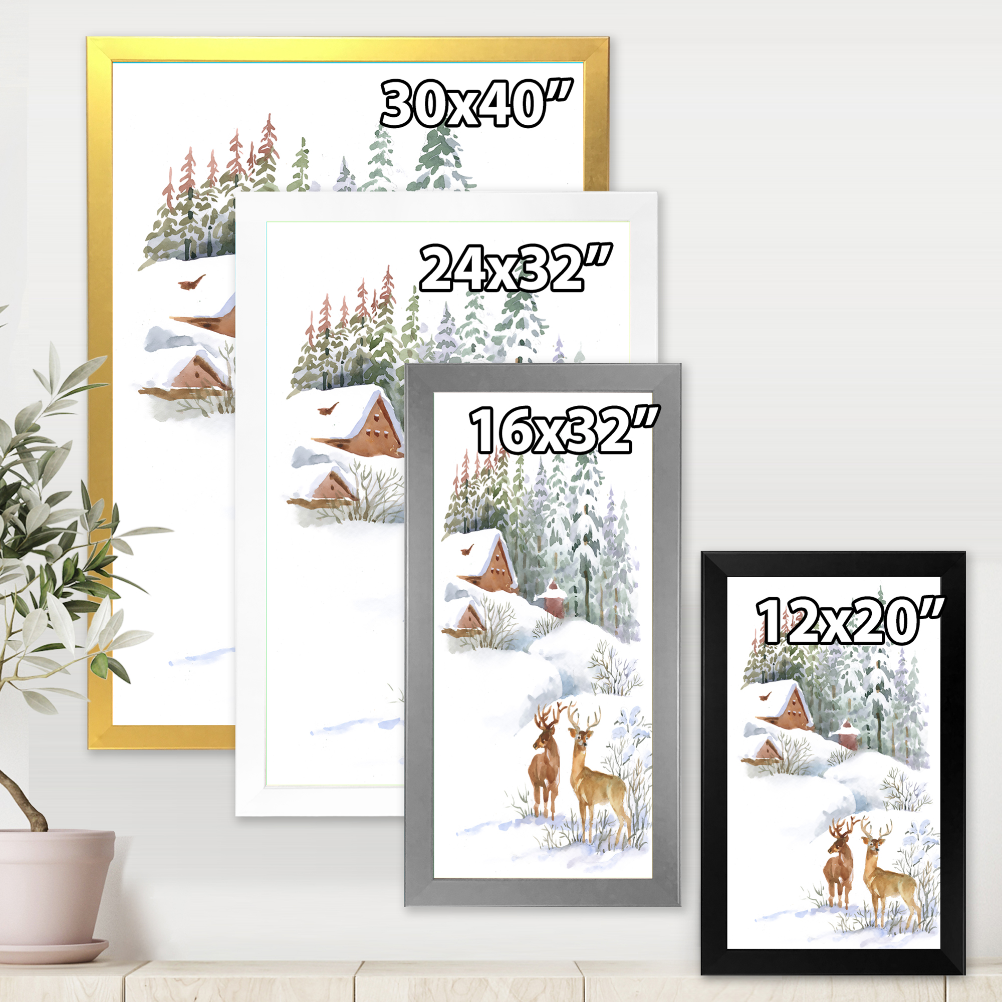 Designart 'Two Deers With Winter Cottage' Farmhouse Framed Art Print