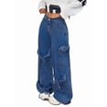 thumbnail image 3 of Women'S Ribbon Tie Detail Utility Style Jeans Casual Straight Wide Leg Denim Trousers Blue M, 3 of 9