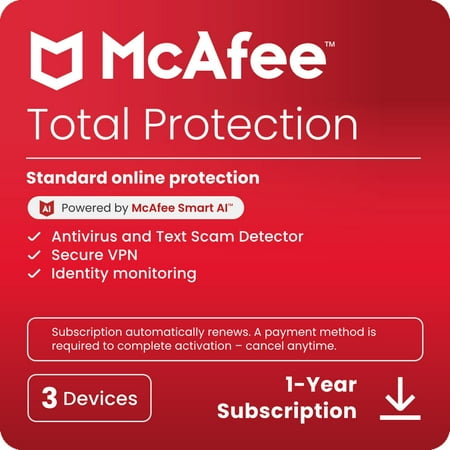 McAfee Total Protection Antivirus & Internet Security Software (Windows, macOS, Android, iOS, ChromeOS) 2025 - 3 Devices - 1-Year Subscription with Auto-Renewal (Digital Download)