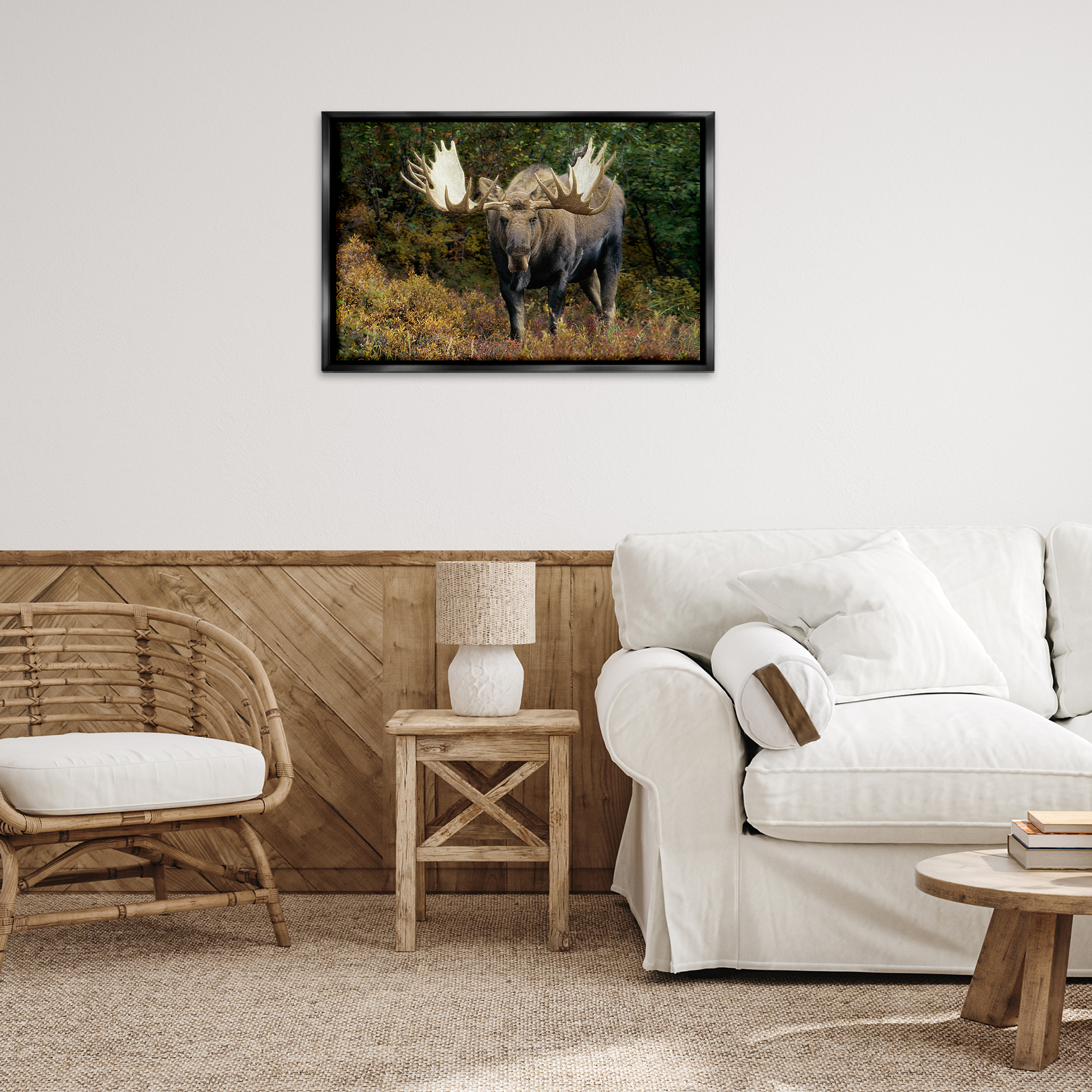 Stupell Industries Bull Moose Face Off Animals Photography Black Floater Framed Canvas Art Print Wall Art, 31 x 21