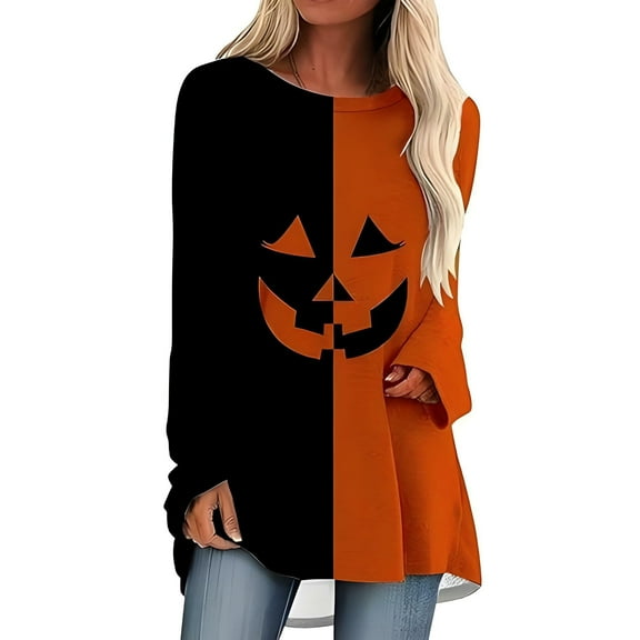 MYFLOCY Halloween Shirts for Women Casual Loose Fit Long Sleeves Skirt T Shirt (XL)